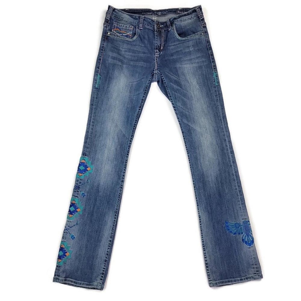 Cowgirl Tuff Thunderbird Medium Wash Boot Cut Embroidered Designs Jeans